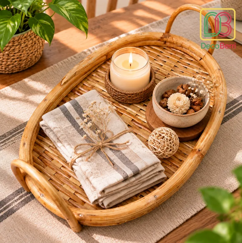 Handmade oval cane tea tray with natural rattan weave and varnish finish for home décor Tray 1
