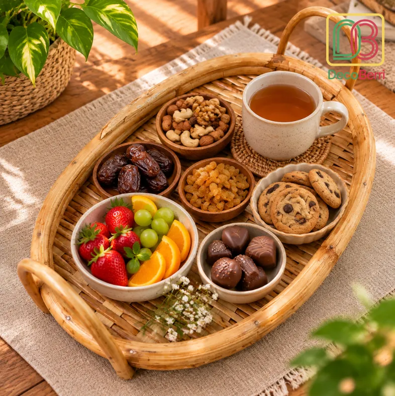 Handmade oval cane tea tray with natural rattan weave and varnish finish for home décor Tray 5