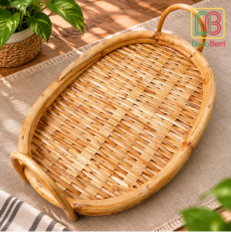 Handmade oval cane tea tray with natural rattan weave and varnish finish for home décor Tray 3