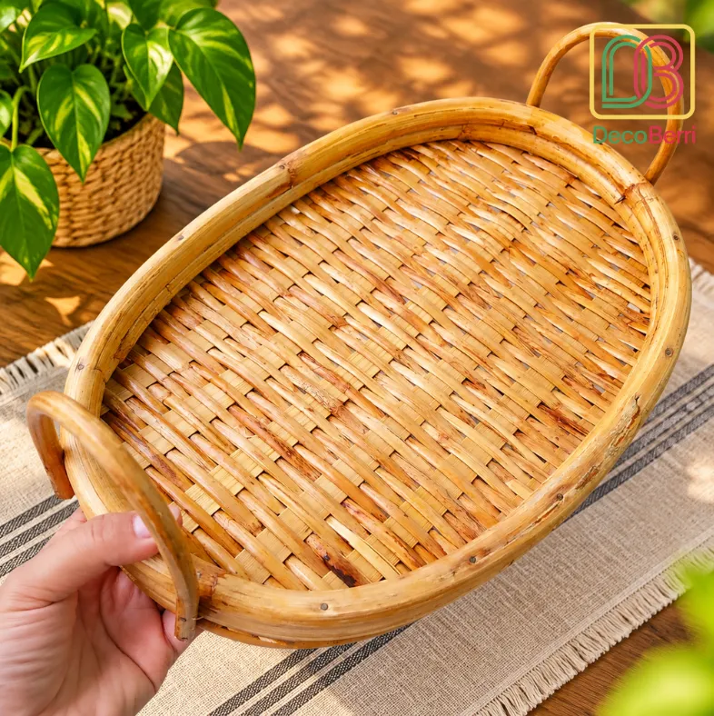 Handmade oval cane tea tray with natural rattan weave and varnish finish for home décor Tray 2