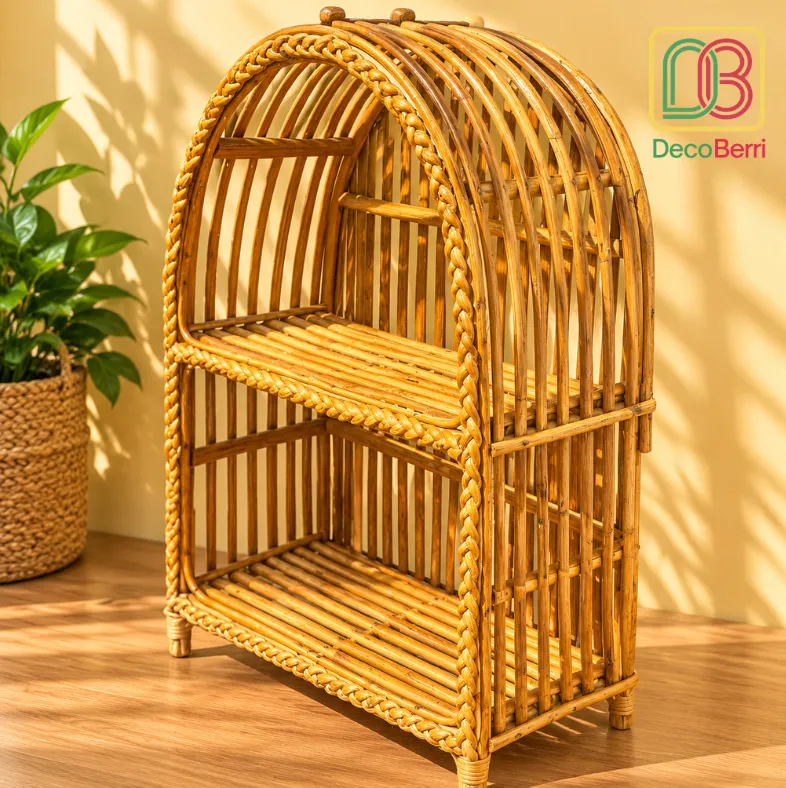 Sunlit Arched Rattan Shelf with Plant result