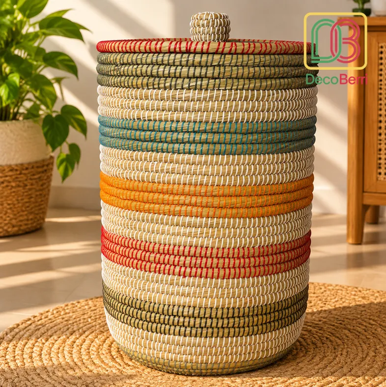 Colorful handwoven straw leaf laundry and storage baskets with lids for stylish home organization and décor Laundry Basket 2 result
