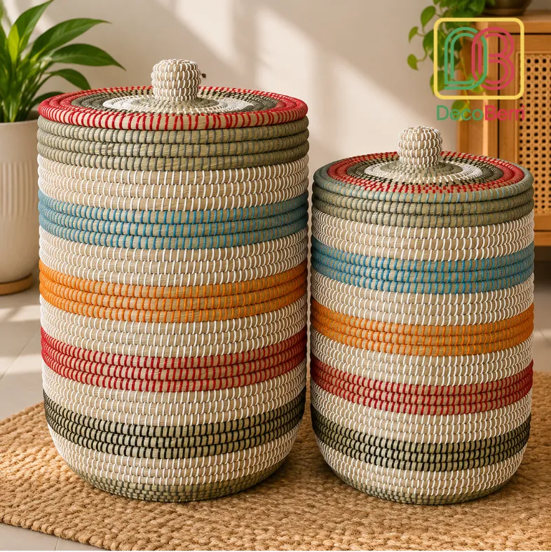 Colorful handwoven straw leaf laundry and storage baskets with lids for stylish home organization and décor Laundry Basket 1 result