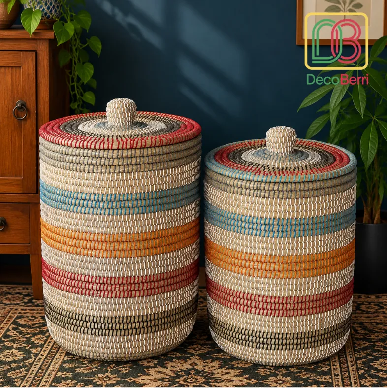 Colorful handwoven straw leaf laundry and storage baskets with lids for stylish home organization and décor Laundry Basket 3 result