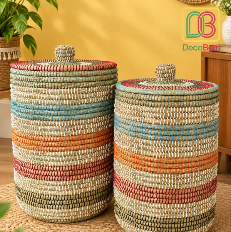Colorful handwoven straw leaf laundry and storage baskets with lids for stylish home organization and décor Laundry Basket 5 result