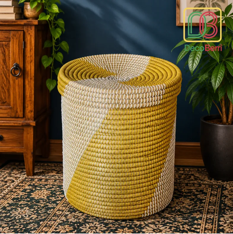 Handwoven Straw Leaf Laundry and Storage Basket with Mustard Yellow and Natural Cream Woven Design and Matching Lid for Stylish Home Organization Laundry Basket 1