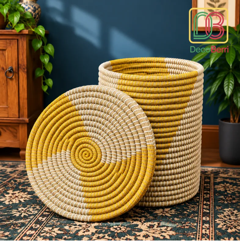 Handwoven Straw Leaf Laundry and Storage Basket with Mustard Yellow and Natural Cream Woven Design and Matching Lid for Stylish Home Organization Laundry Basket 2