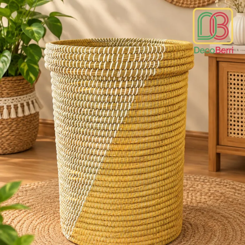 Handwoven Straw Leaf Laundry and Storage Basket with Mustard Yellow and Natural Cream Woven Design and Matching Lid for Stylish Home Organization Laundry Basket 5