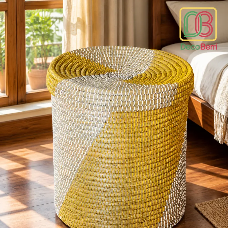 Handwoven Straw Leaf Laundry and Storage Basket with Mustard Yellow and Natural Cream Woven Design and Matching Lid for Stylish Home Organization Laundry Basket 4