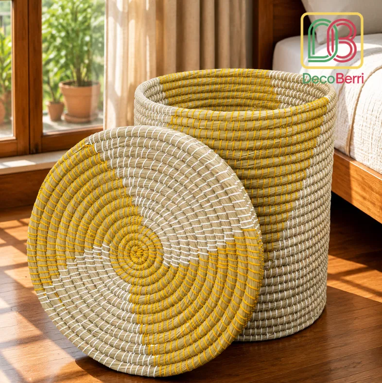 Handwoven Straw Leaf Laundry and Storage Basket with Mustard Yellow and Natural Cream Woven Design and Matching Lid for Stylish Home Organization Laundry Basket 3